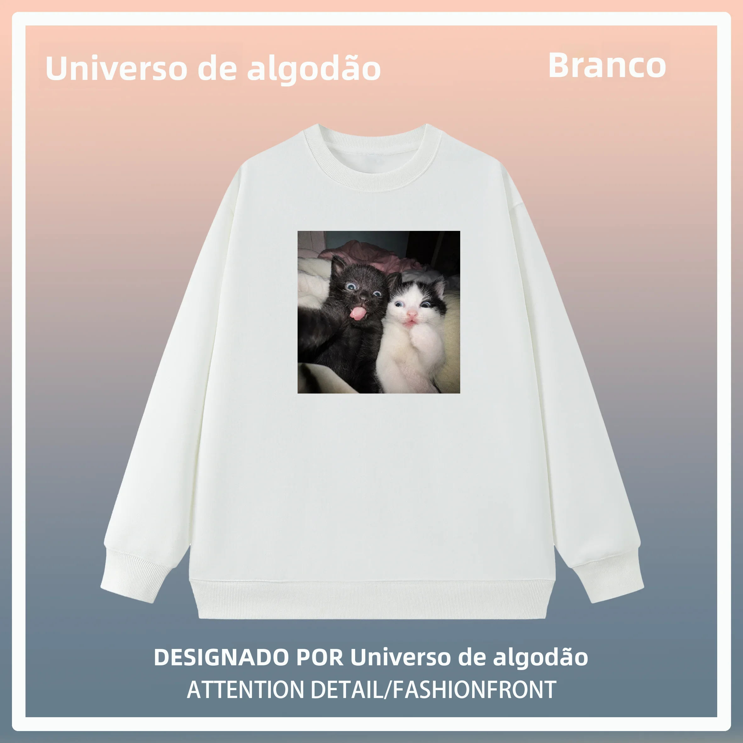 Camiseta de manga comprida de algodão confortável com estampa de gato fofo, gola redonda, estilo casual, ajuste solto, para h...