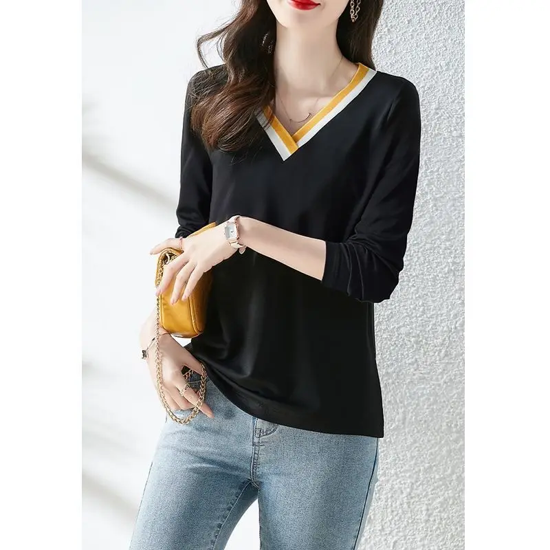 V-Neck Spliced Contrast Color Long Sleeve Casual Spring Autumn New Top Korean Classic Women\'s Clothing Wear Outside Tee Shirt