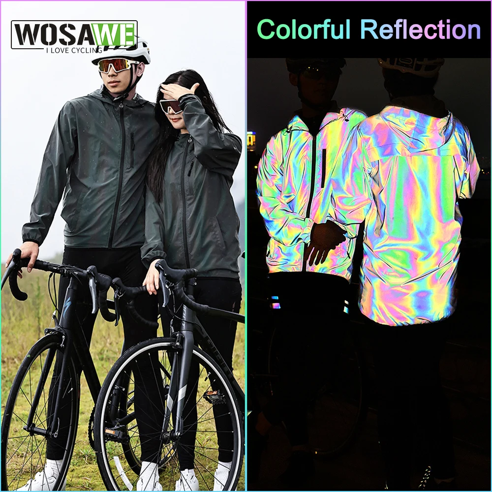 WOSAWE Cycling Jacket Man Rainbow Reflective Windbreak Men Women Windproof Waterproof Bike Coat Disco Party Shiny Costume