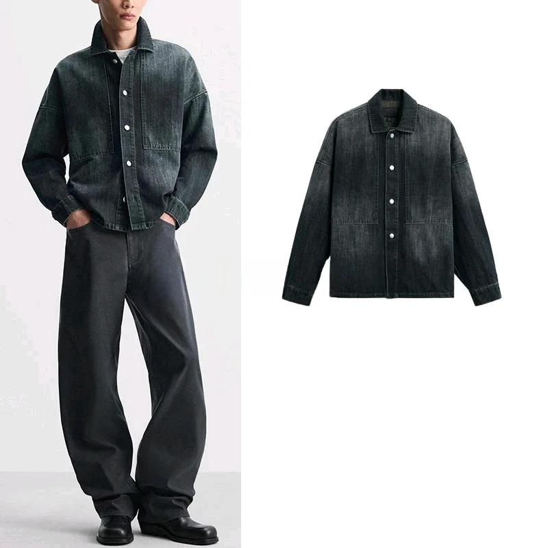 

Retro Casual Loose Long Sve Cotton Denim irt Jaet for Men Spring New Arrival Faion Urban Sle Stand Fit Button up