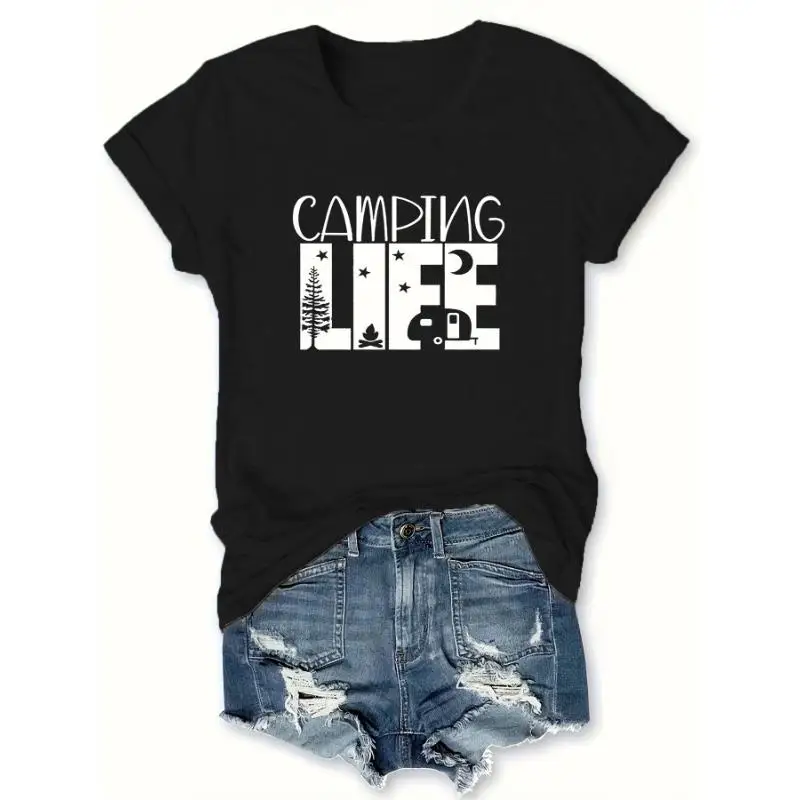 

Women Camping Life T-Shirt Outdoor Camp Tent RV Graphic Tee Nature Lover Adventure Slogan Camper Hiking Casual Top Gift
