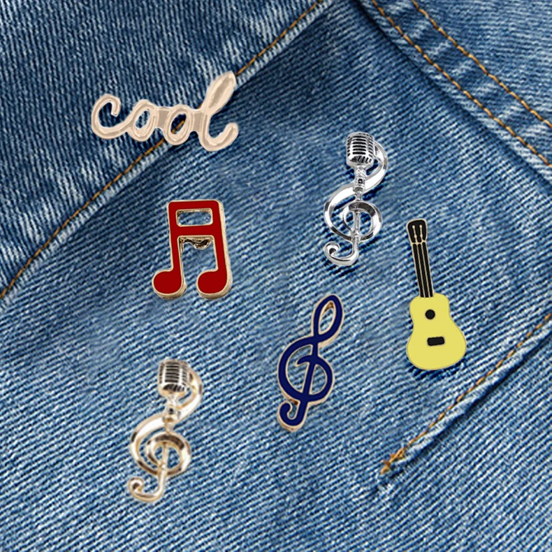 Cool Music Note Enamel Brooches Fashion Guitar Microphone Metal Badges Piano Notes Lapel Pins Musician Jewelry Gifts for Friends