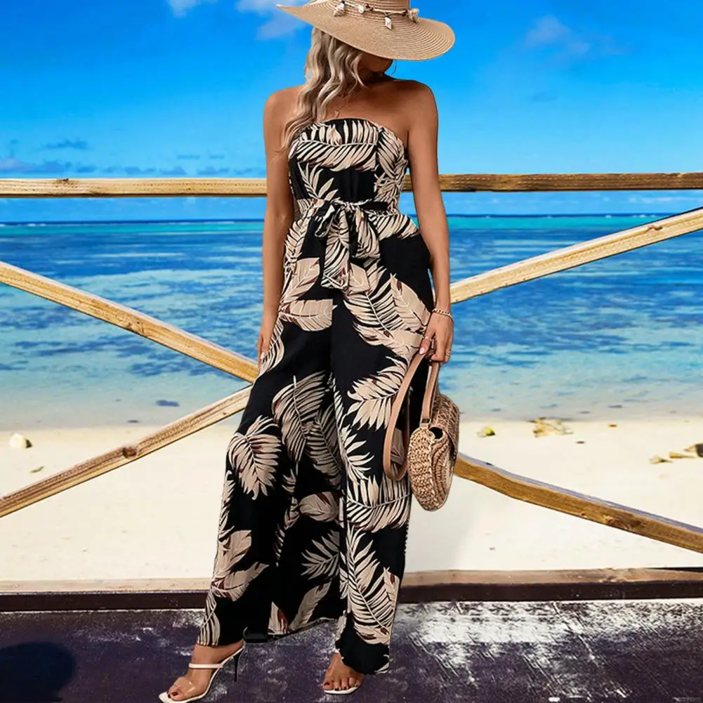 

Backless Jumpsuit Trendy Women's Off Shoulder Leaf Print Jumpsuit with Lace-up Waist Wide Leg for Vacation or Beach Wear Wide