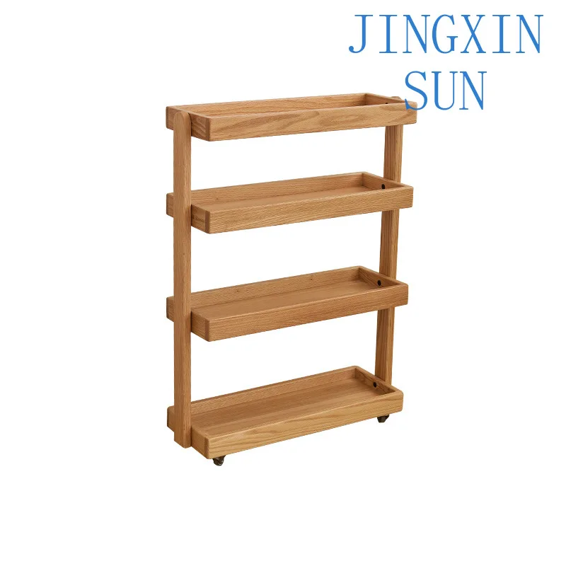 Ash wood mobile bookshelf solid wood shelf bedroom small storage multi-layer locker clip gap finishing shelf