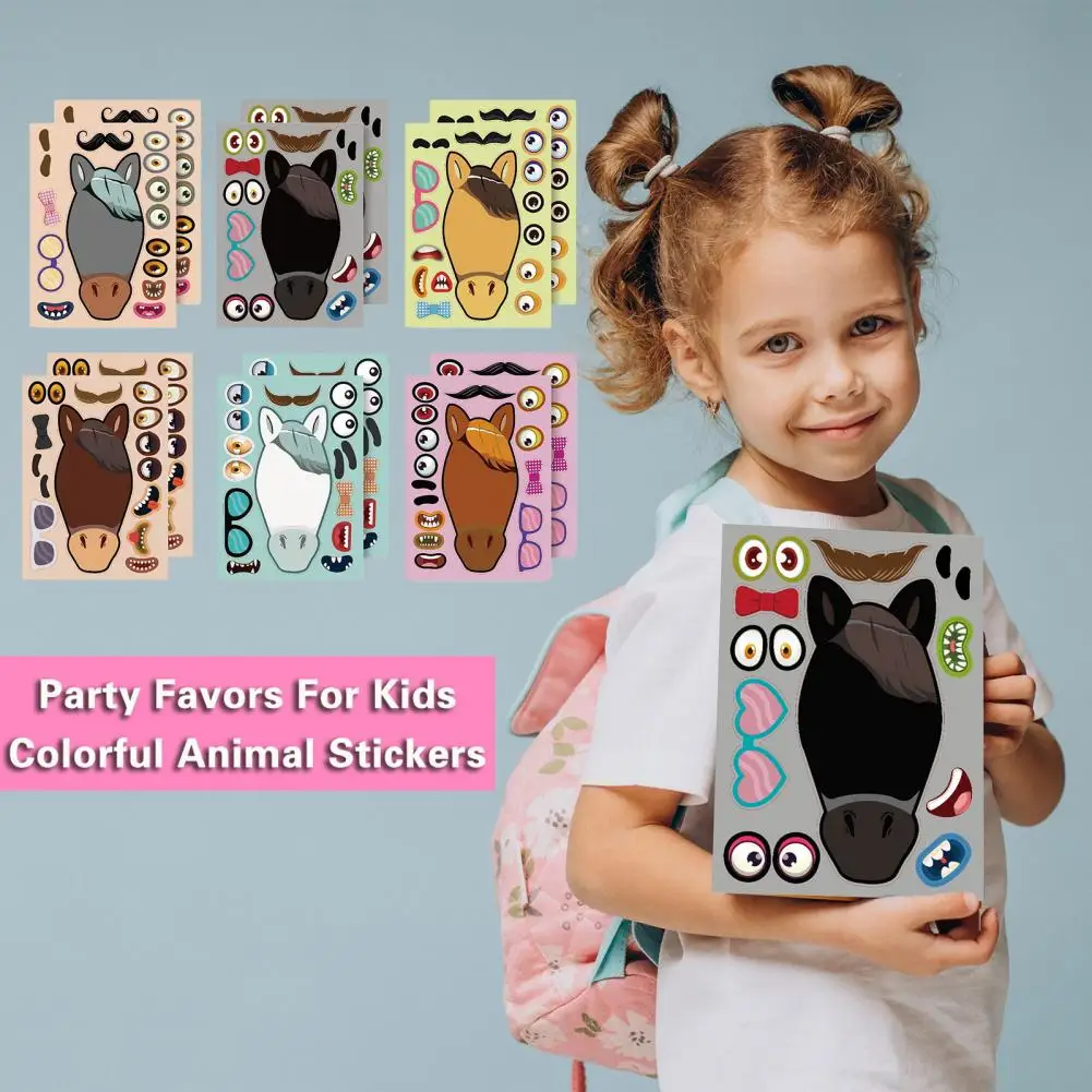 Stiker wajah ม้าน่ารักสำหรับเด็ก12แผ่นแบบทำหน้าสติกเกอร์เด็กงานฝีมือสนุกๆการศึกษาความคิดสร้างสรรค์สติกเกอร์ปริศนาศิลปะ