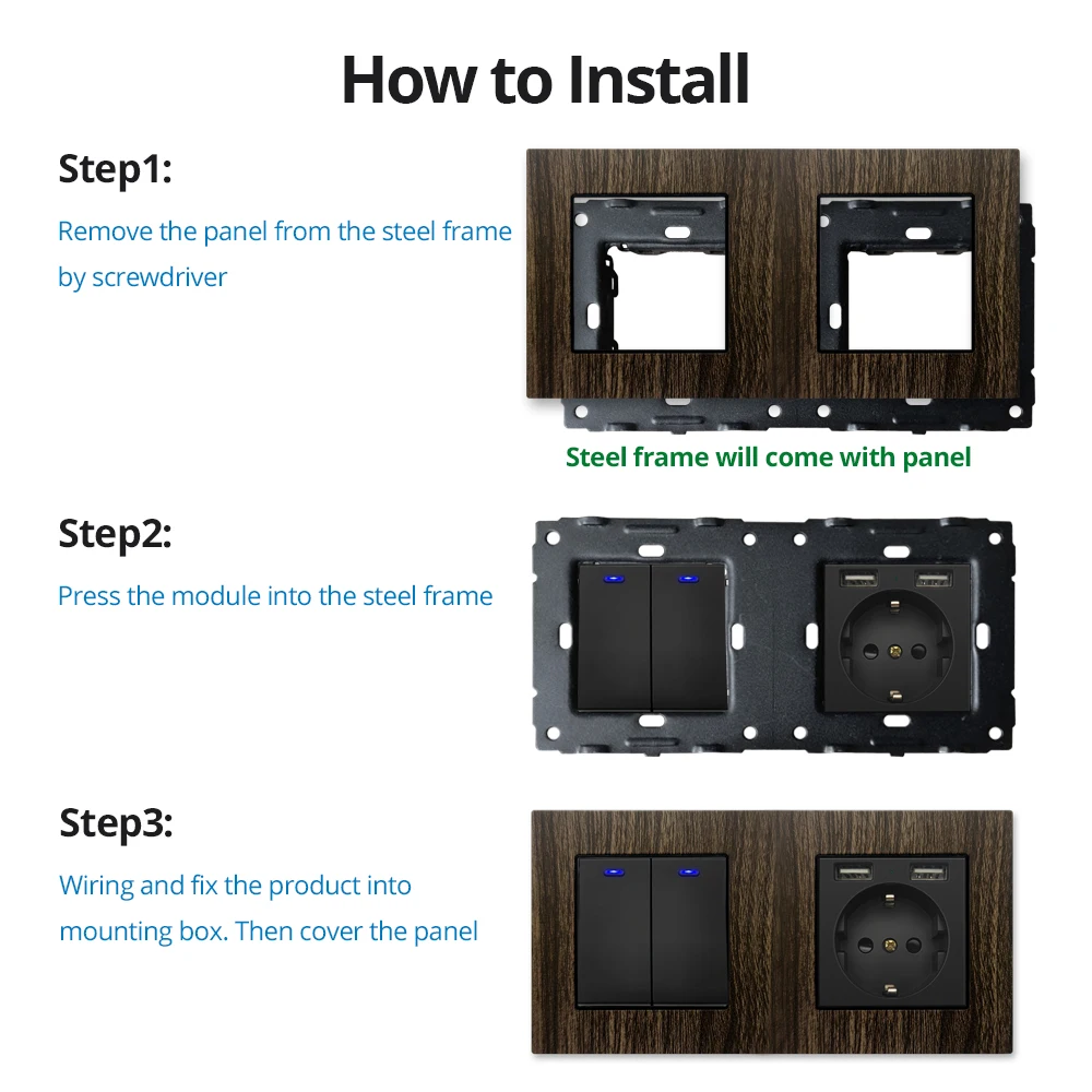 Wallpad Wood Texture Aluminum Panel Wall Power Socket Electrical Outlet Function Key DIY Free Combination