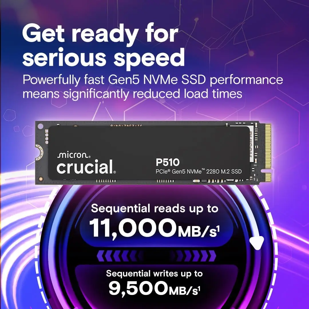 Crucial P510 1TB SSD NVMe PCIe Gen5 x4 M.2 2280 Internal Solid State Drive Up to 11,000MB/s for Laptop Desktop PC Original Box