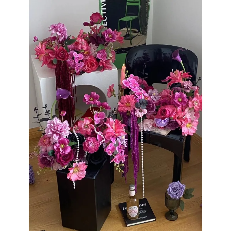 

High-texture wedding party table flower simulation flower rose red arrangement ornament wedding room decoration fake flower