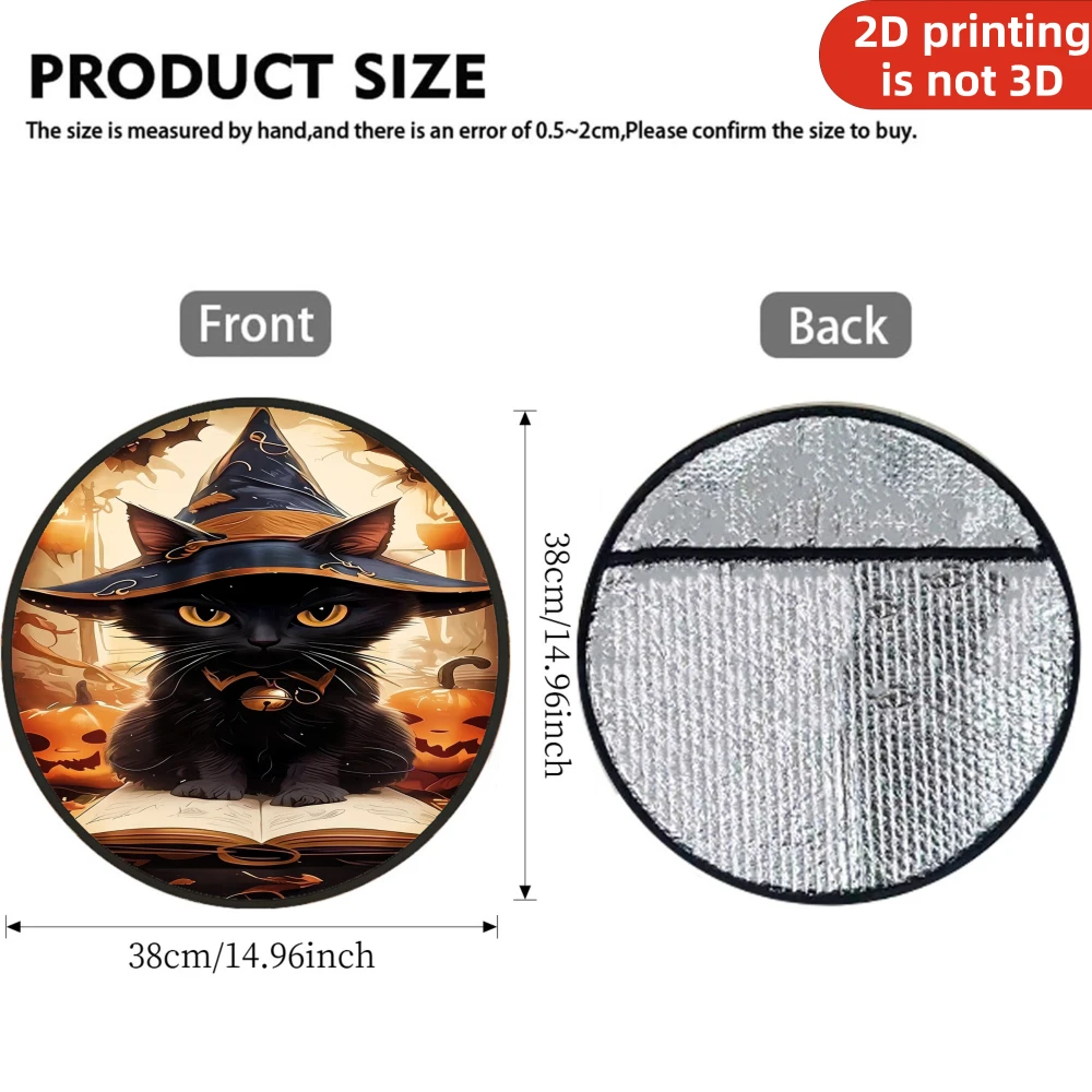 1pc Steering Wheel Sunshade Cover, 2D Flat Printing Black Cat Wearing Witch Hat With Pumpkins And Book, Summer Car Essential