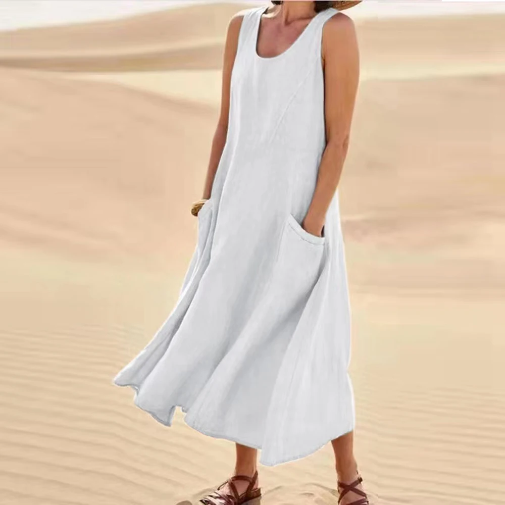 Abito senza maniche in lino di cotone per donna Gonna pullover estiva Abiti Moda femminile Abbigliamento Abito lungo ampio a maniche corte