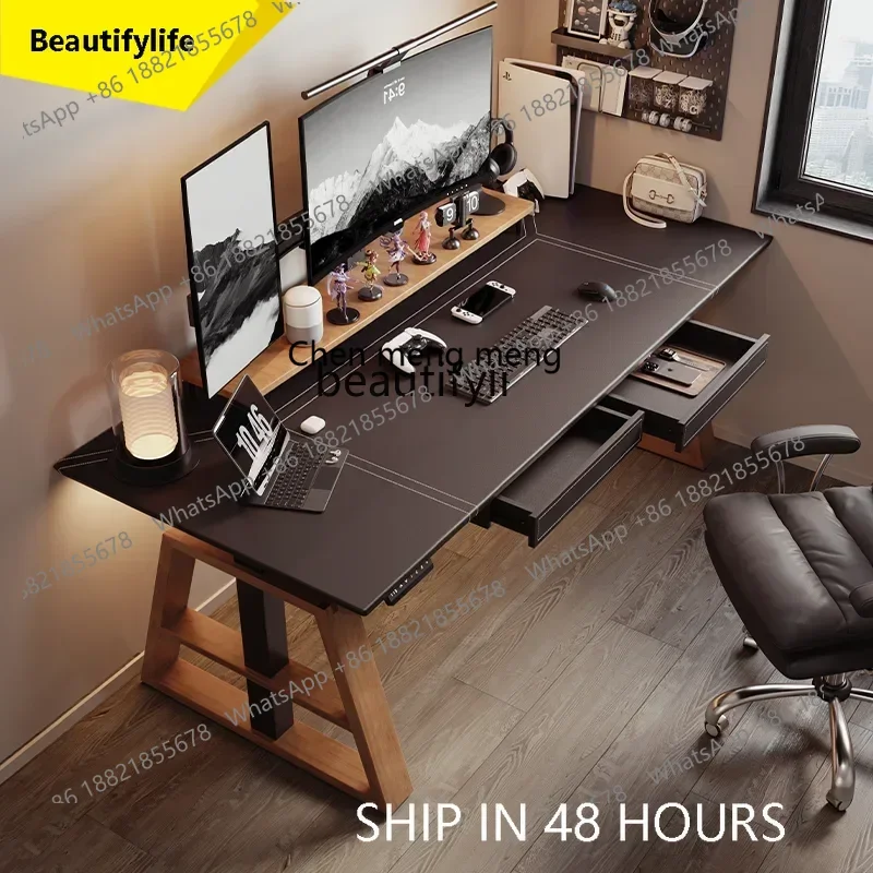 2003 Solid wood leggings leather surface intelligent electric lifting desk e-sports table computer desk