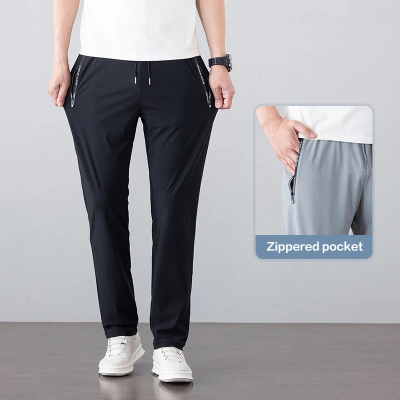 Hochelastische Sommer-Dünnhose für Herren mit Reißverschlusstaschen, Jogging-Hose, Schnelltrocknend, Elastischer Bund, Sport- und Outdoor-Laufhose für Männer