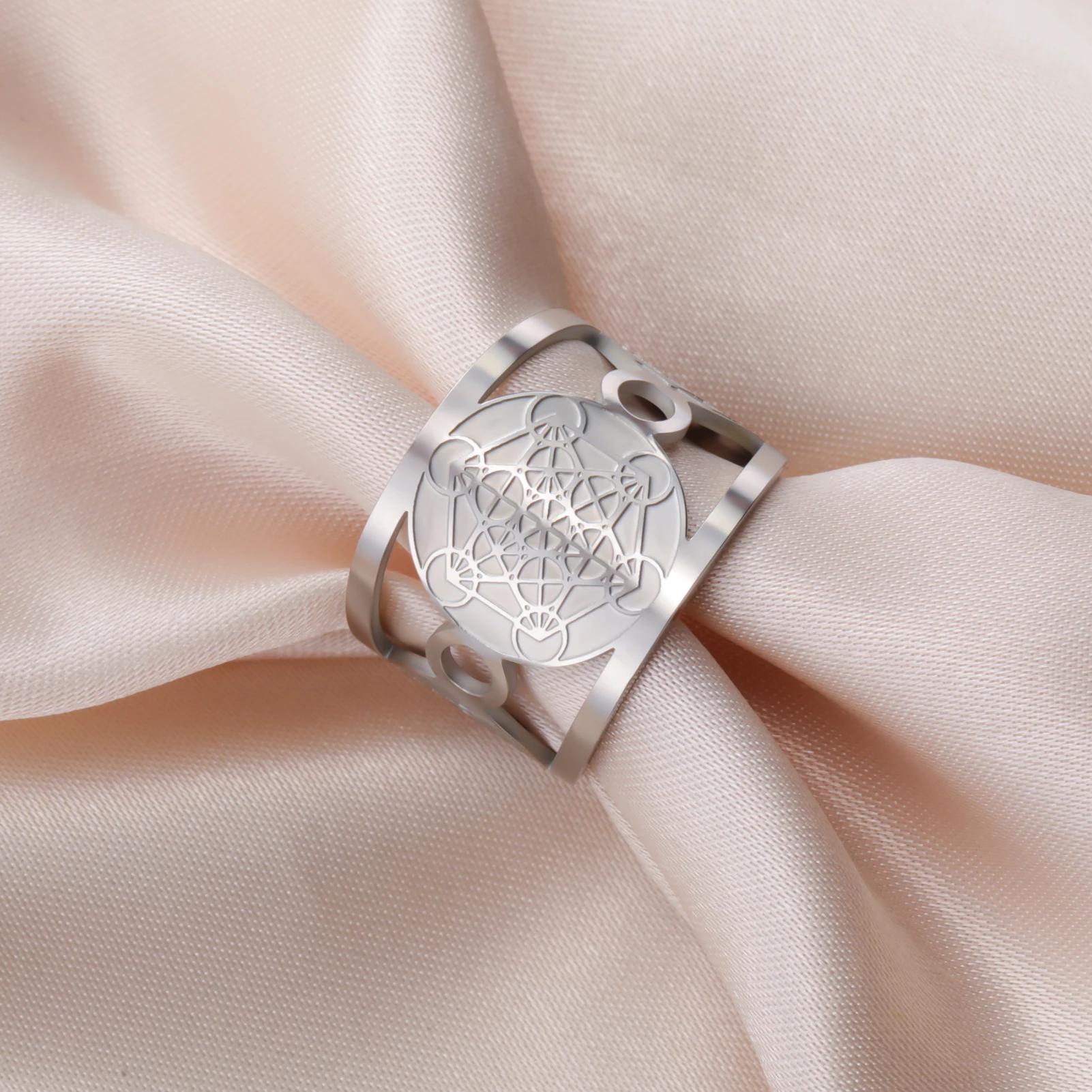 LIKGREAT Geometric Metatron Ring For Women Men Adjustable Size Stainless Steel Rings Solomon Supernatural Amulet Jewelry Gift