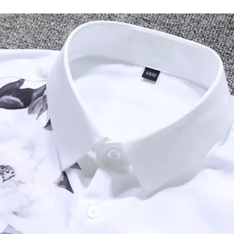 Summer White Men\'s Shirts, Lapel Button-up Shirts, Youth Trend Bird Digital Printing Free Ironing Long-sleeved White Shirts