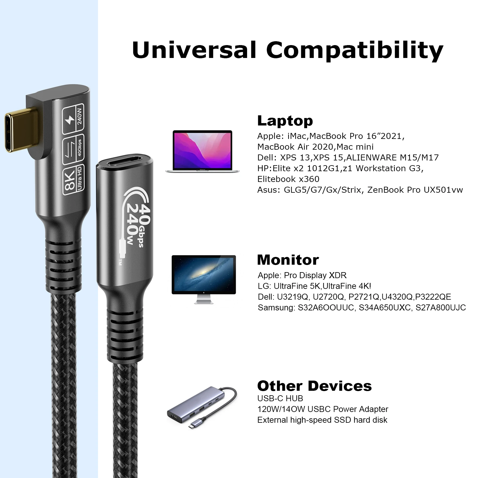 CableDeconn 240W USB4 8K Cable Thunderbolt 4 Compatible 90 Degree USB 4 Type-c Male to Female Extension Cable Ultra HD Charging