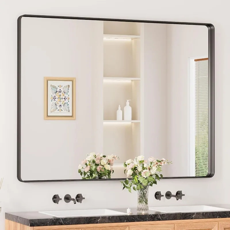 Black Framed Mirrors for Bathroom 48” x 40” Large Rounded Rectangle Wall Mirror, Matte Black Farmhouse Bathroom Vanity