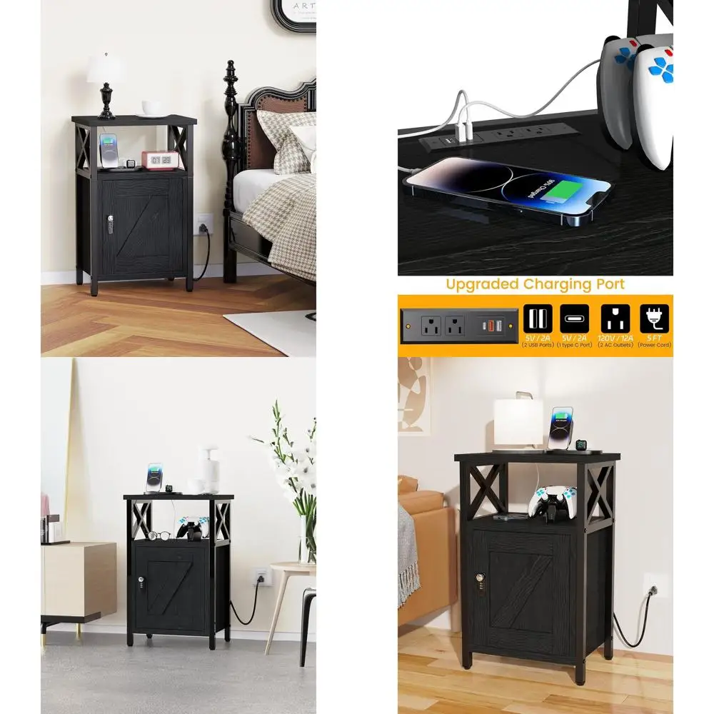 

Black Charging Station Nightstand with Drawers, Lock, 3 USB Ports & 2 Outlets - Storage Side Table for Bedroom, Living Room, Dor
