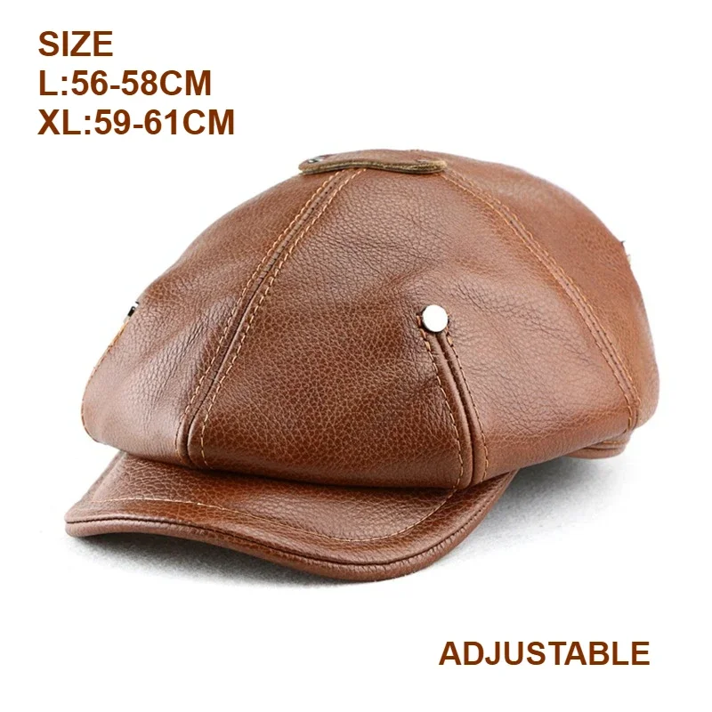 

Genuine Cowhide Leather Newsboy Cap for Men 61cm, Retro Flat Driver Cap Winter Windproof Octagonal Beret Style Hat