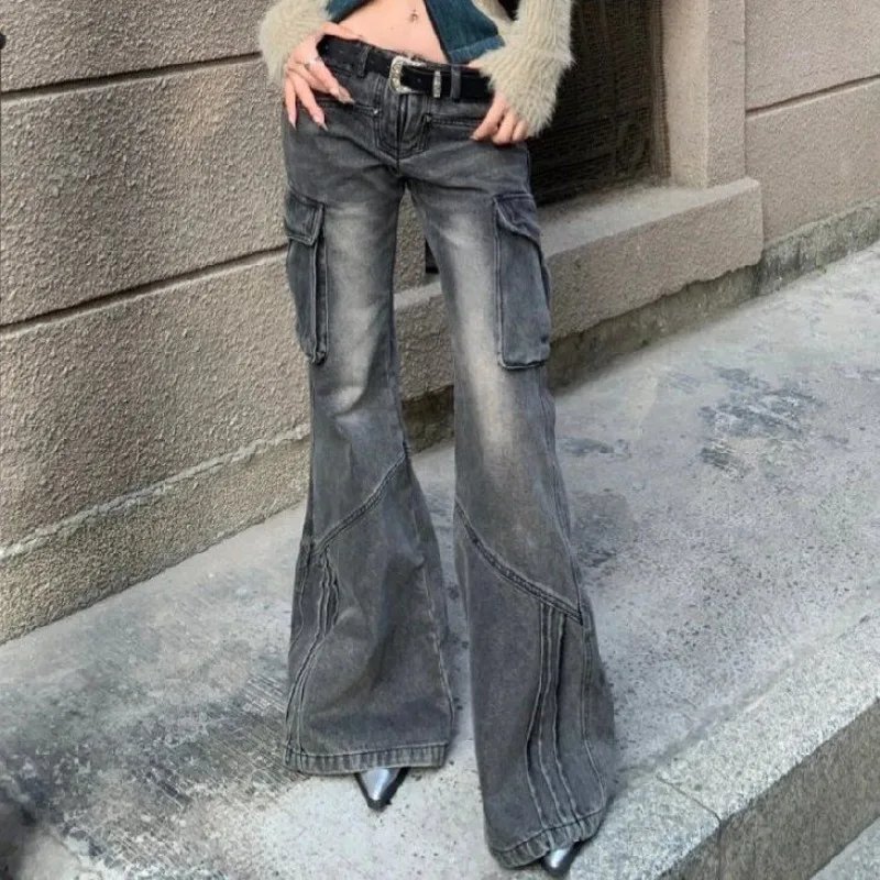 Deeptown Y2k Vintage Cargo Jeans Woman America Style High Street Grunge Flare Denim Pants Korean Fashion Gothic Black Trousers