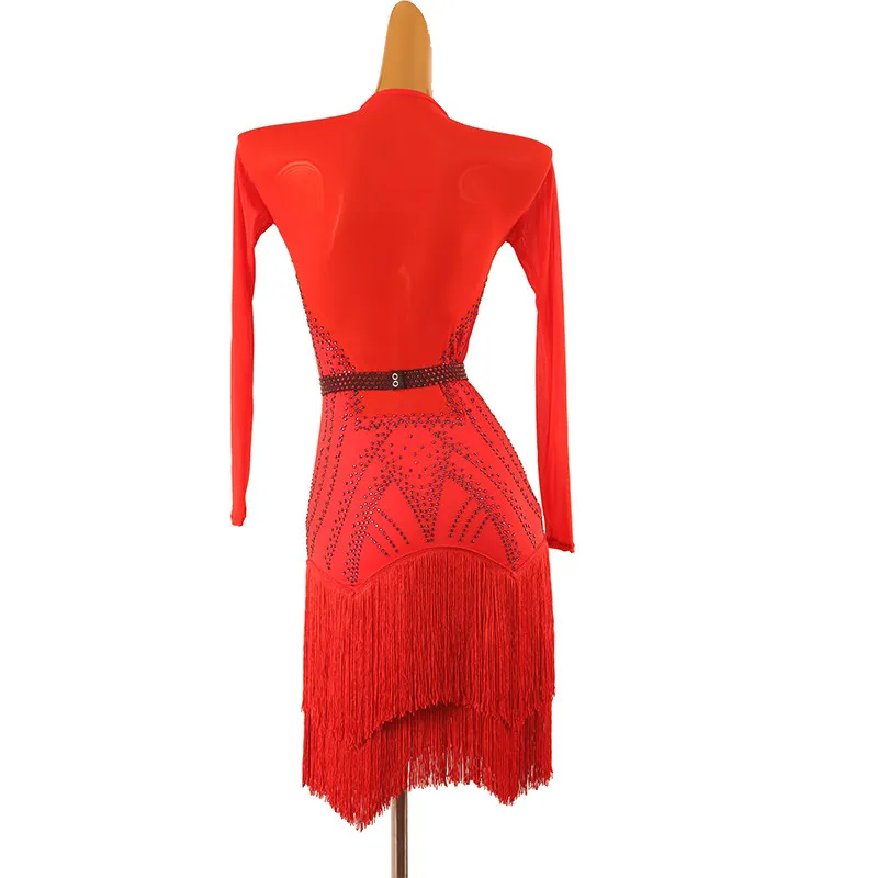 Stand collar long sleeve latin dance dress with geometric red rhinestone patterns and tassels,suitable for dance competition and
