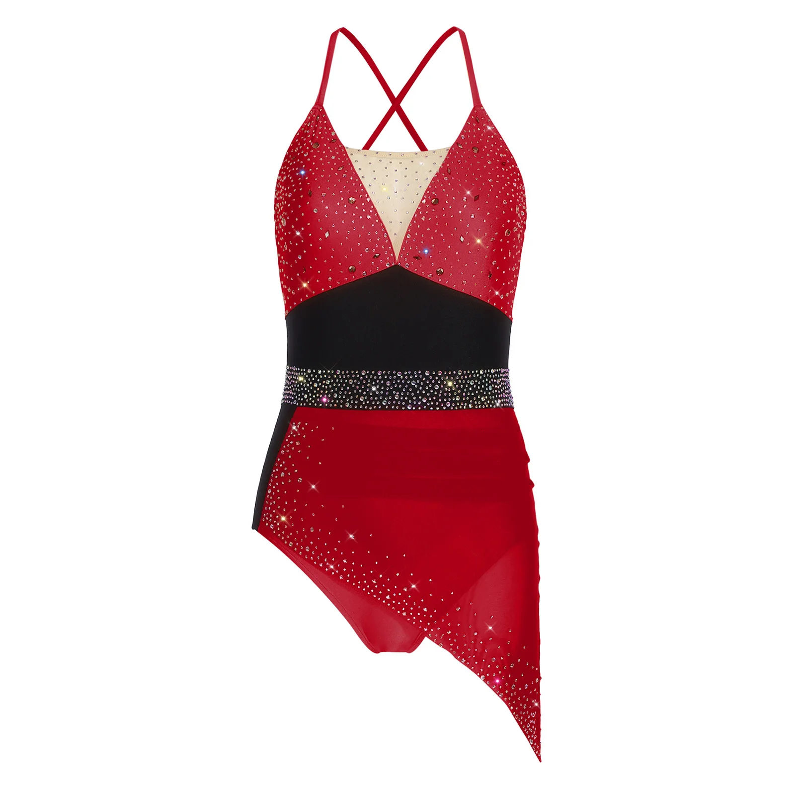 

Women Figure Skating Sling Bodysuit Leotard Glittery Rhinestone Ruched Irregular Mesh Overlay Jumpsuit Gymnastic Latin Dancewear