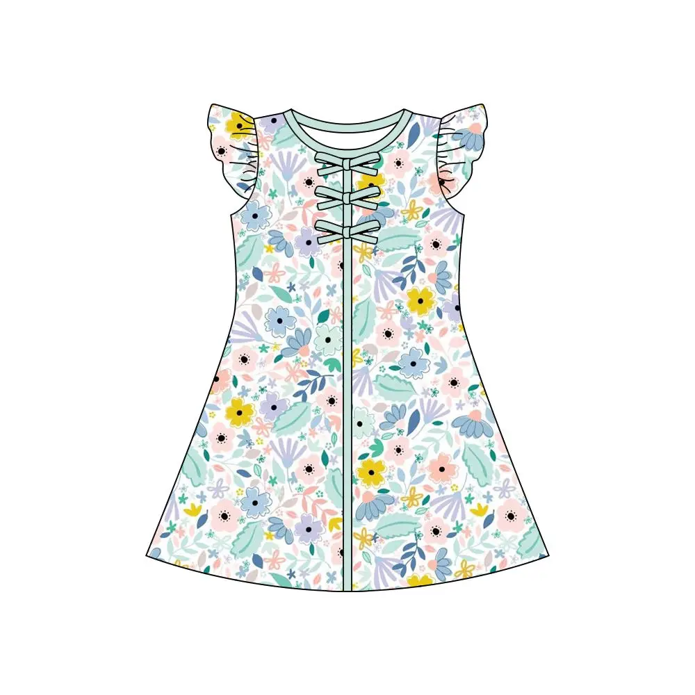 Hot sale Girls dress Round neck ruffles bow decoration strawberry flowers print Customizable for adults