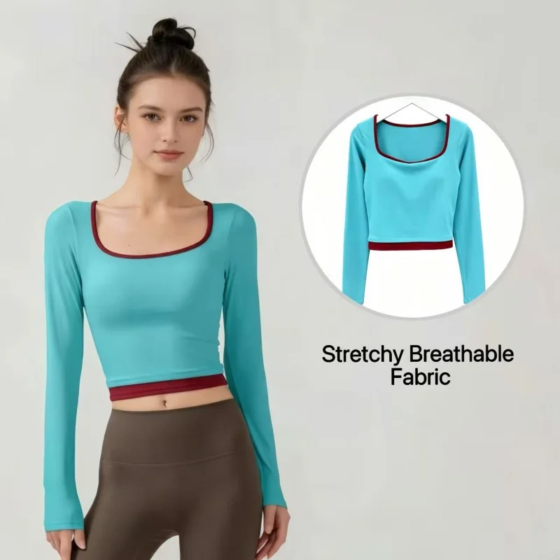 Women Cropped Long Sleeve Yoga Top Contrast Trim Built-in Bra 4 Way Stretch Quick Dry Autumn Winter Gym Pilates Activewear