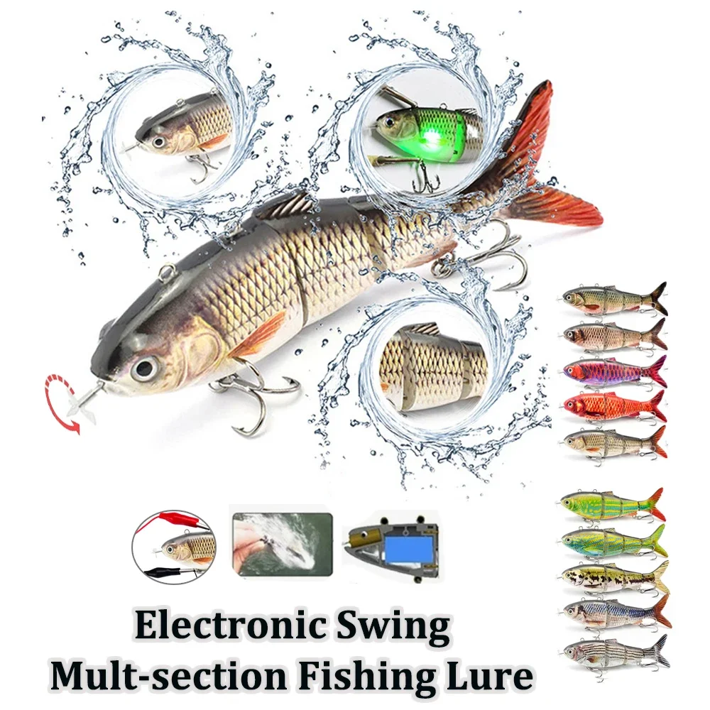 Auto Electric Robotic USB Rechargeable Swimming Lure Wobblers For Fishing 4-Segement Crankbait Flashing LED Light Twitching