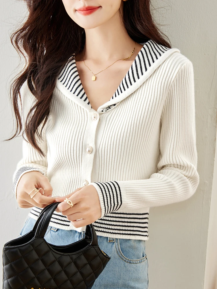 Spring Fall Fashion Navy Collar Knitted Cardigan Women Casual Versatile Long Sleeve Sweater Retro Loose Short Top Coat