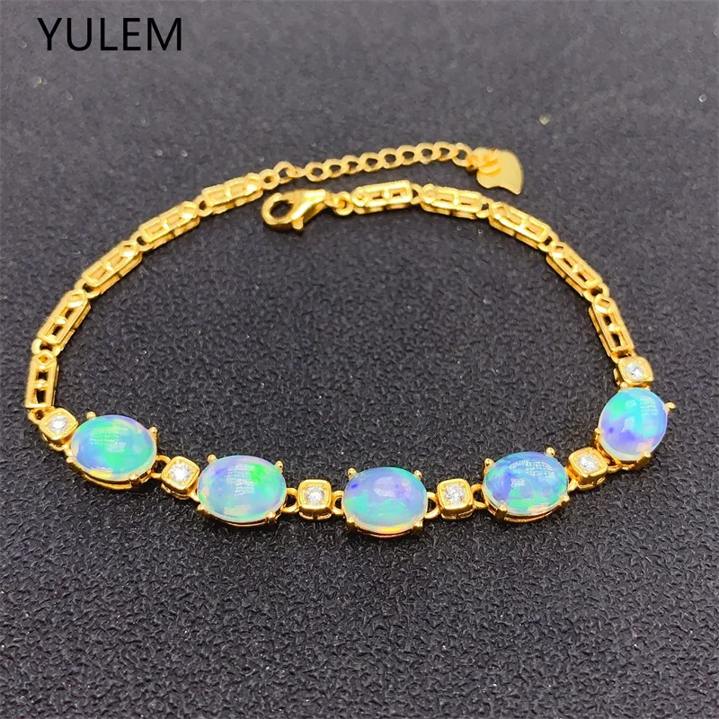 YULEM  Natural 6x8mm Colorful Opal Bracelet 925 Sterling Silver Women's Gift