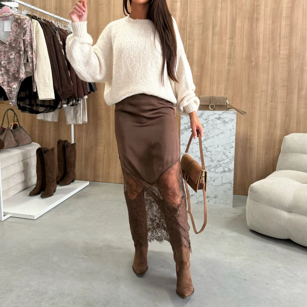 Herfst Sexy Hoge Taille Slanke Holle Maxi Rok Vrouwen Elegante Patchwork Vlek Kant Lange Rok Harajuku Effen Rok Party Club