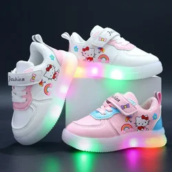 LED Kids Shoes for Girls Cute Cartoon Hello Kitty Shoes Baby Girl Kawaii Canvas Shoes Soft Bottom Sneakers Casual Shoes