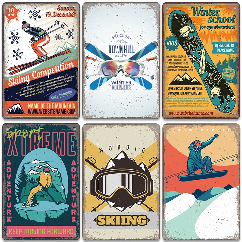 

Vintage Skiing Poster Metal Sings Winter Skiing Sports Retro Metal Tin Plate for Ski Club Garage Home Wall Decoration