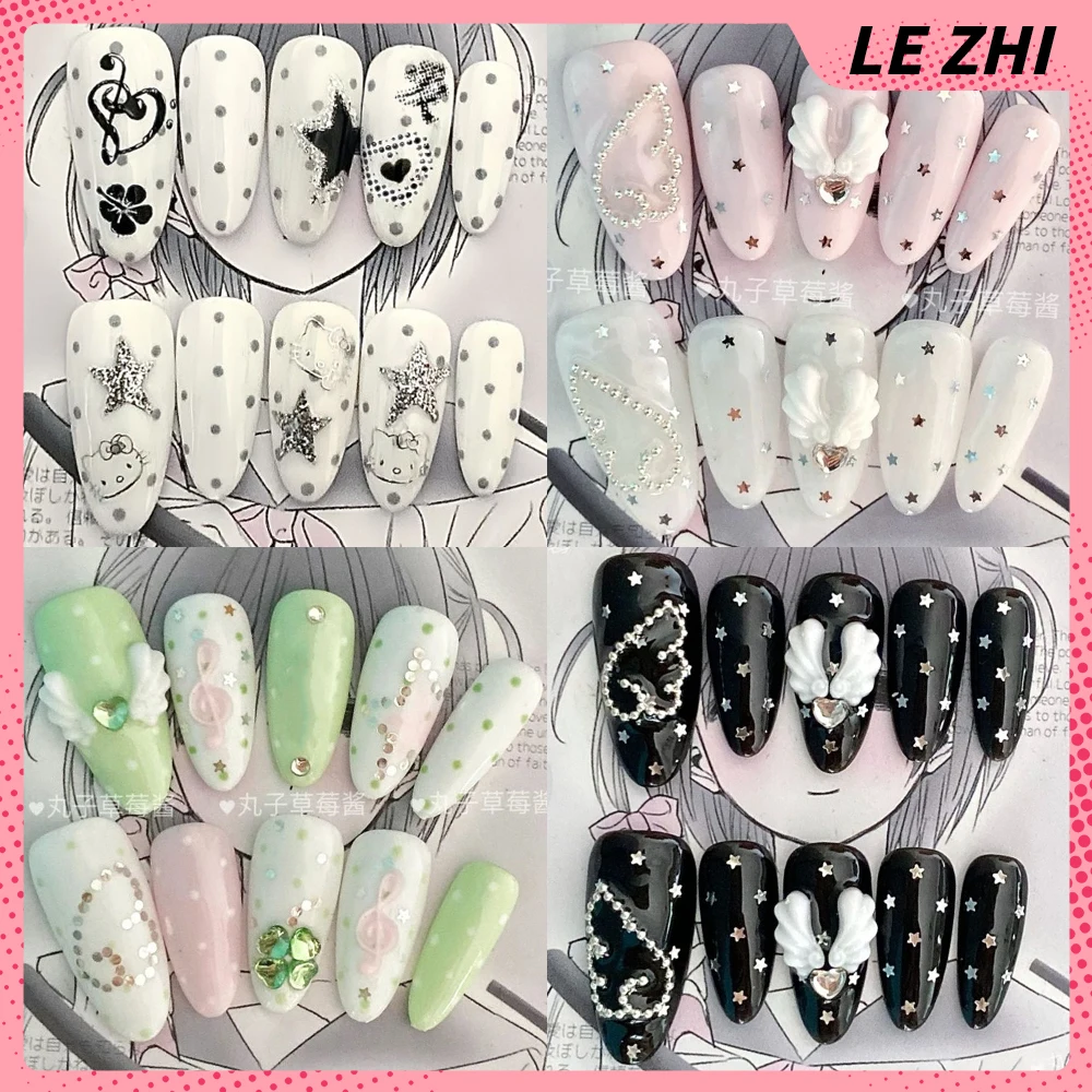 

10Pcs Y2K Hello Kitty Handmade Almond Press On Nail Shining Star Wing Chain Polka Point Diamond Musical Notes Full Cover Nails