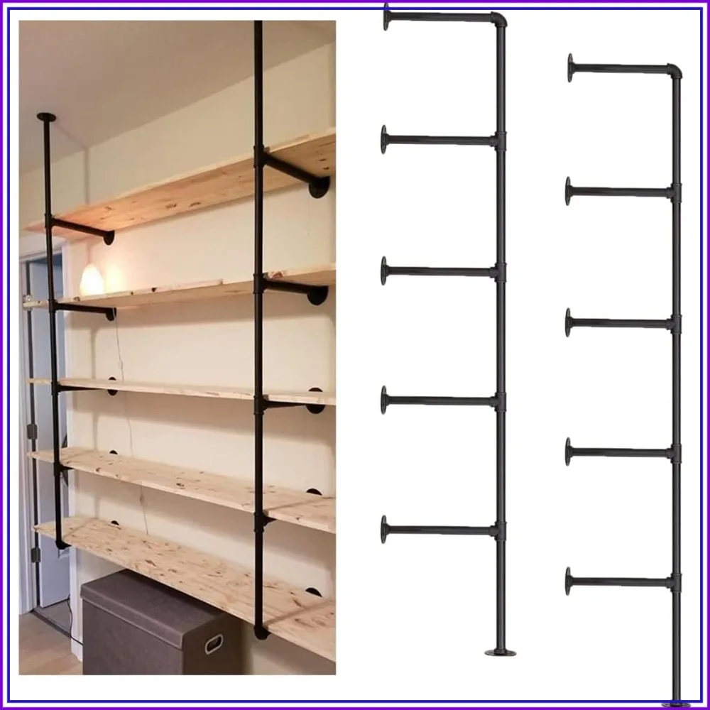 

Industrial Wall Mount Iron Pipe Shelf, 68" Tall, 10" Deep, 2Pcs 5-Tier, Hardware Only, Vintage Retro Ceiling Hung DIY Open Bookshelf Storage for Office Room Kitchen