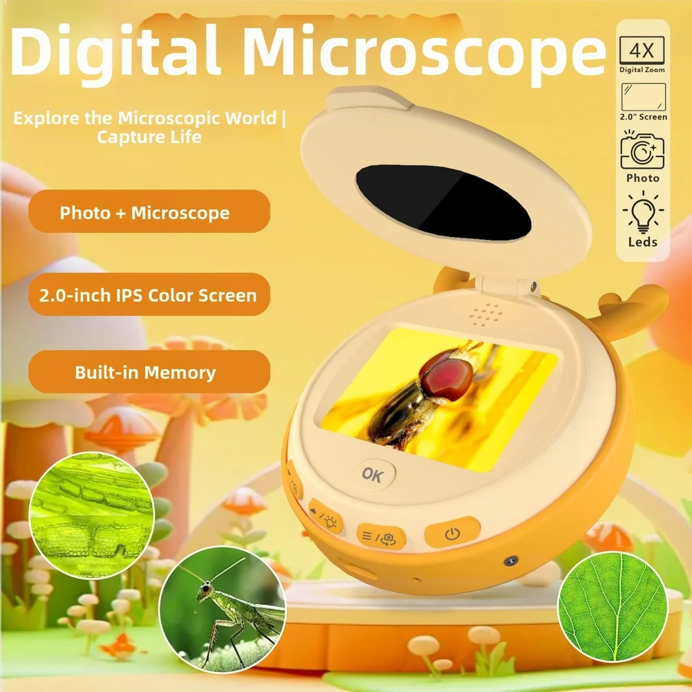 Orange Digital Microscope 4X Digital Zoom Instruction Manual Included Lightweight Design Dual Lens Design Built-in LED Lights