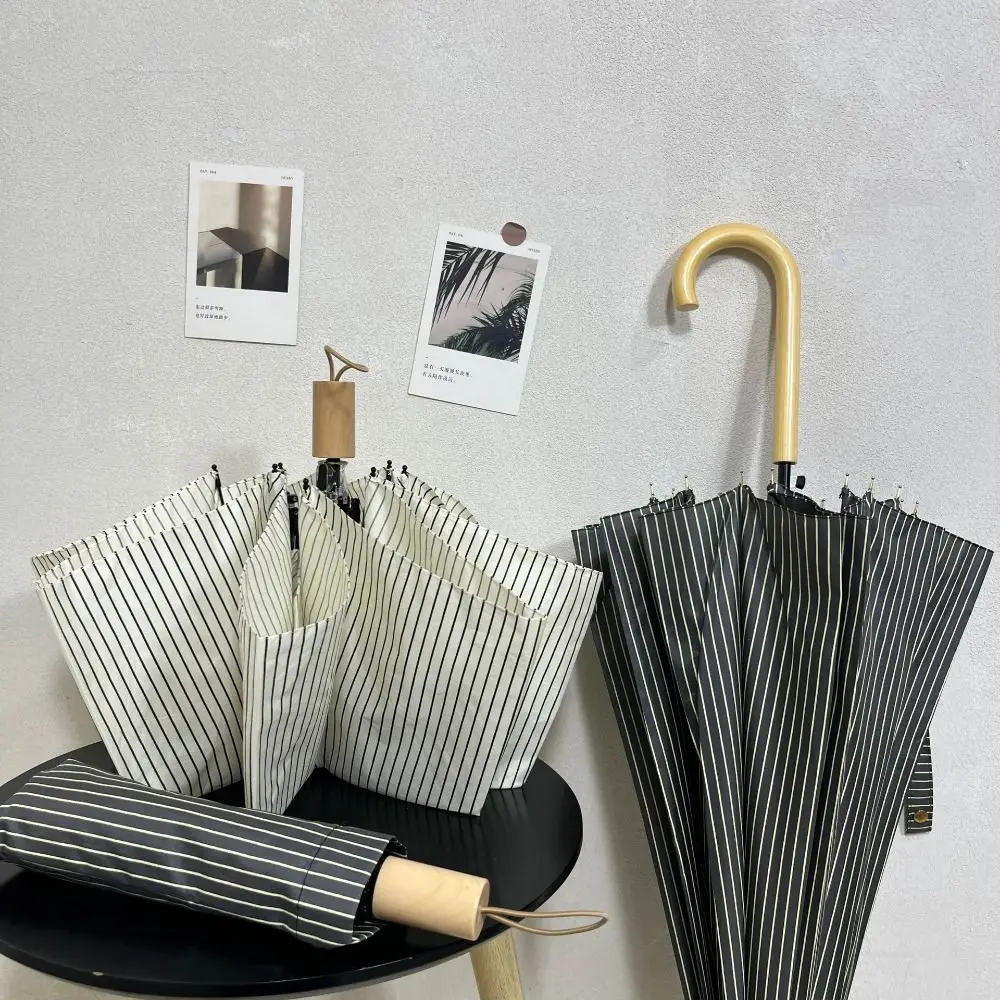 INS Striped Folding Umbrella Sun Rain Dual-Use Rainproof Mini Sunshade Umbrella Lightweight Compact Hand Operated Parasol