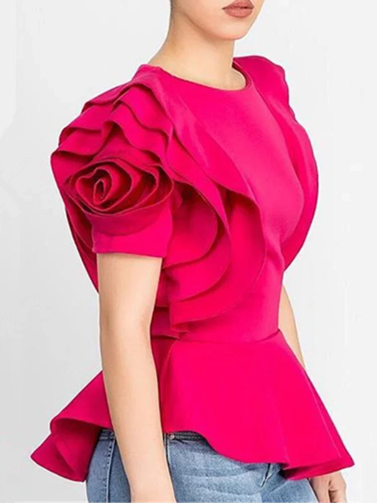 Layers Petal Sleeves Women Blouse Tops Shirt Elegant Fashion Spring Summer Rose Red Blue Black White Bluas Ruffles Classy Lady