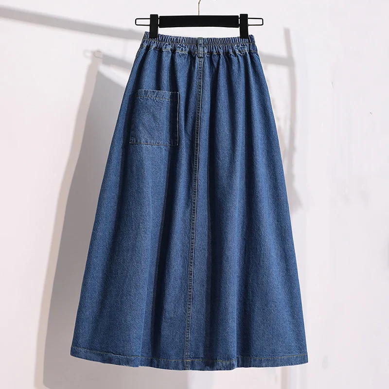 Women\'s Denim Midi Skirt Summer Korean Style Elegant Fashion High Waist Casual Vintage Pleated Skirt Large Size Jeans Skirt