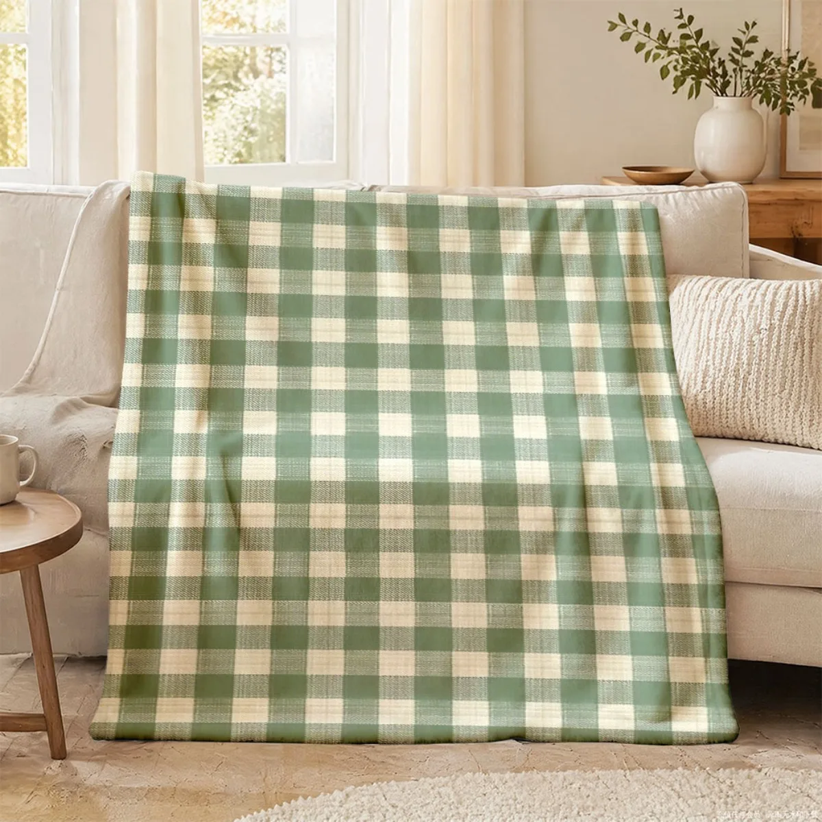 2D Flat Printing 1pc Sage Green Cream Gingham Fabric Lightweight Flannel Hug Blanket Lightweight Soft Comfortable Flannel Four S