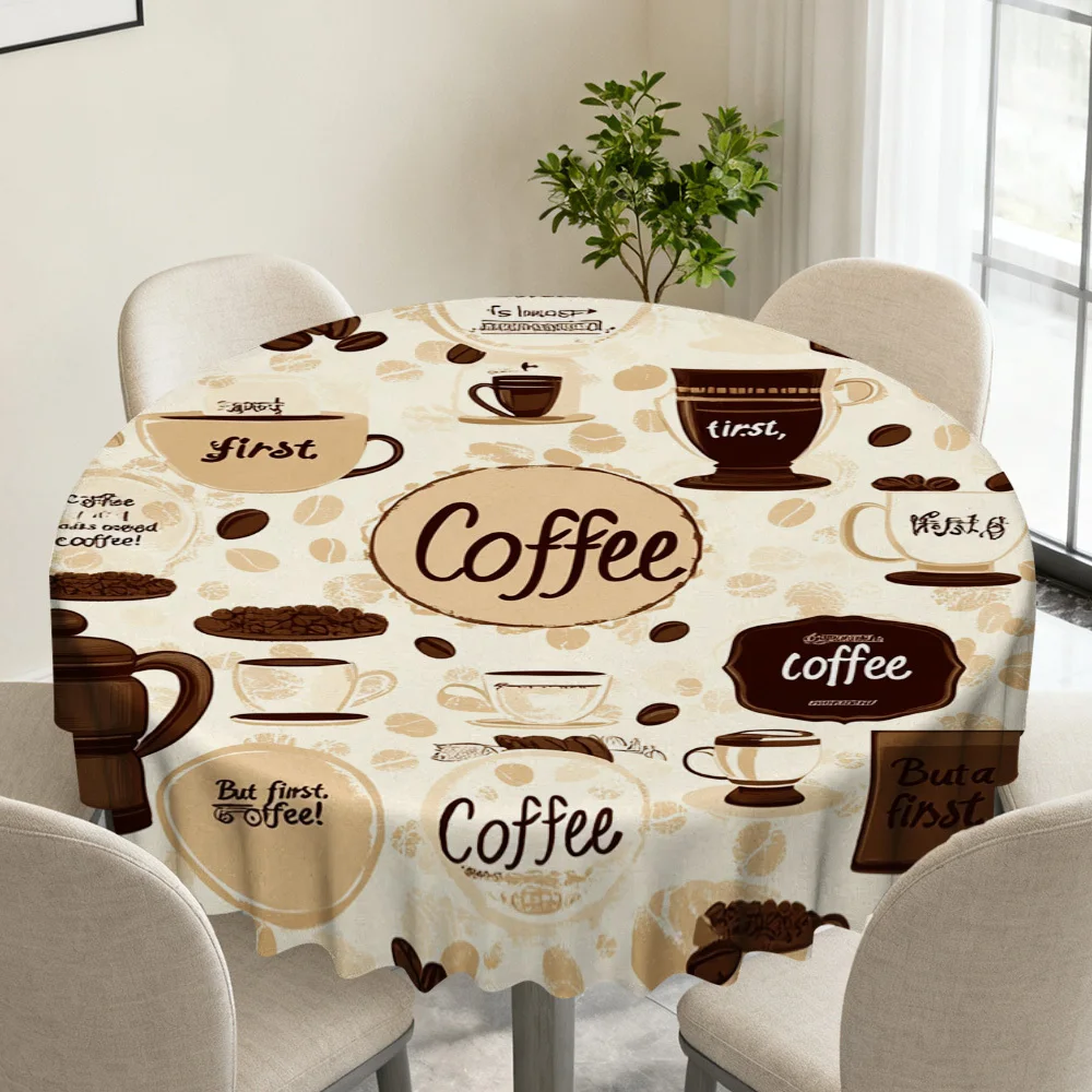 A round tablecloth, featuring a coffee enthusiast collage design, made of polyester fiber.