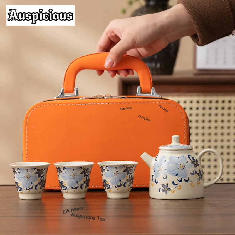 Aesthetics Lily Ceramic Travel Tea Set Kit Vintage 1 Pot 3 Cups Household Tea Making Organizer Portable Camping Tote Bag Craft
