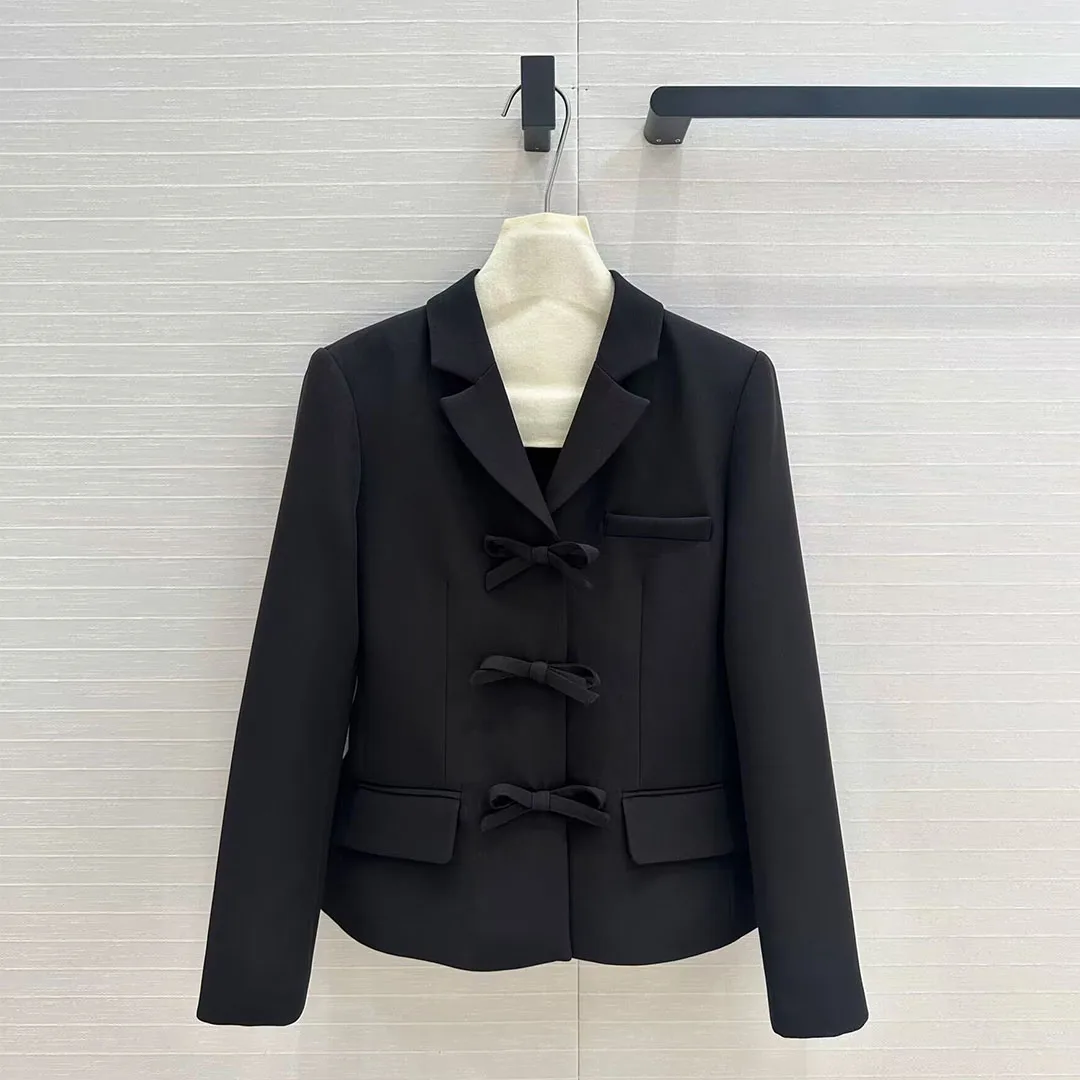 2024 New Fashion Black Blazer Suit Women Notched Sweet Bow Single Breasted Long Sleeve Slim Casual Autumn Jacket