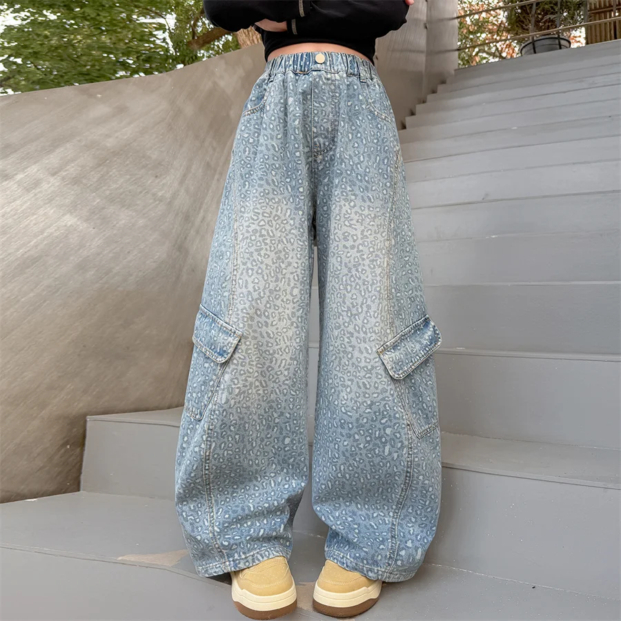 Children High Waist Wide Legs Cargo Jeans With Blue Leopard Print For Kids Girl Fashion Clothing Denim Pants Vintage Trousers