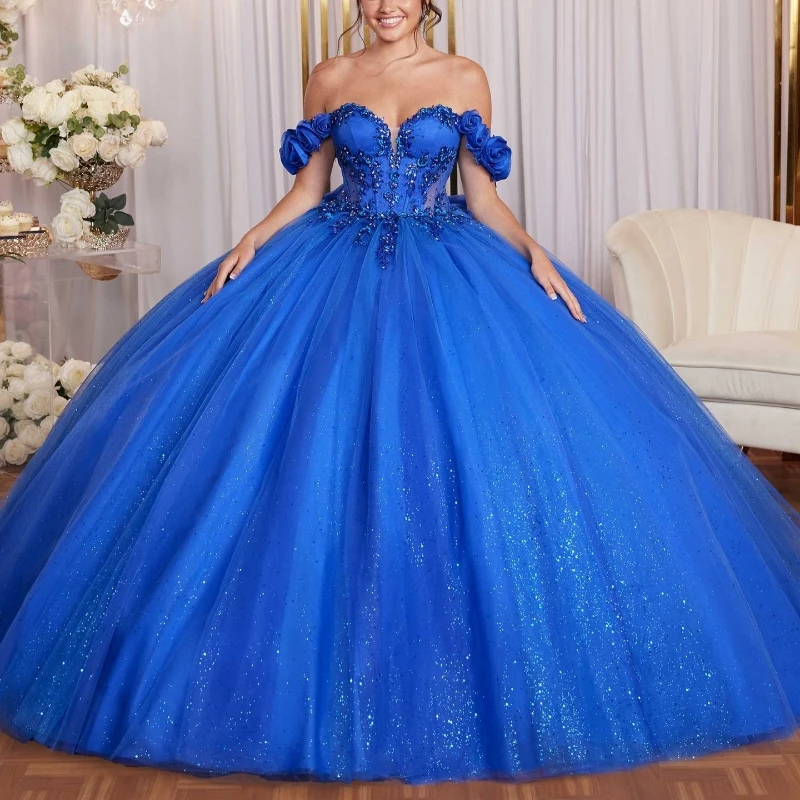 

Royal Blue Shiny Customized Blue Ball Gown Quinceanera Dresses Beading Crystal Bow Tull Party Birthday Vestidos De 15 Graduación