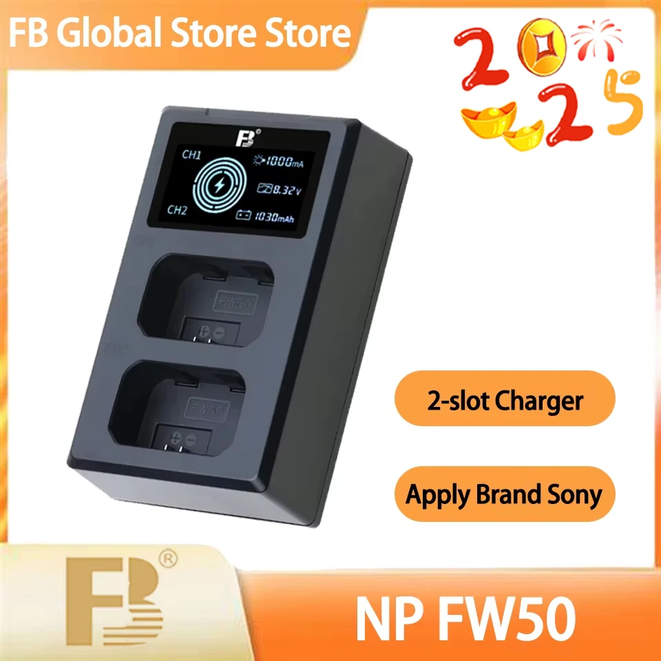 FB NP-FW50 Dual slot LCD portable camera battery charger Built-in USB-A charging cable for SONY ZVE10 A6500 A6400 A6300 A6100etc