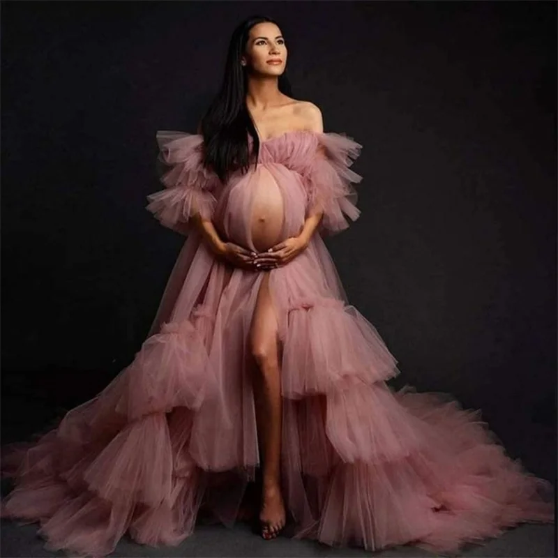 Gaun Tulle Bersalin Wanita untuk Pemotretan Berjenjang Jaring Fotografi Gaun Pengantin Baby Shower Gaun Prom Hamil Dibuat Sesuai Pesanan