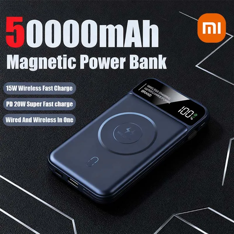 Xiaomi Power Bank 50000mah Wireless Charging For Magsafe Magnetic Charging Built-in Wire Mobile Phone Battery For IPhone Xiaomi