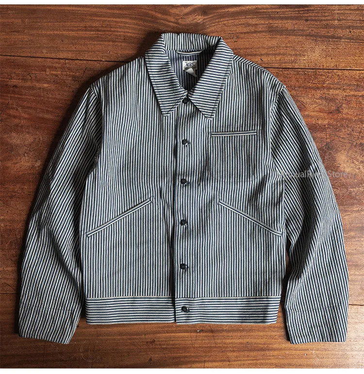 Non Stock 1940s Liberty Stripe Cossack Jacket Men 10.5oz 100% Cotton Vintage Railroad Workwear Chore Coat Button Front Blue