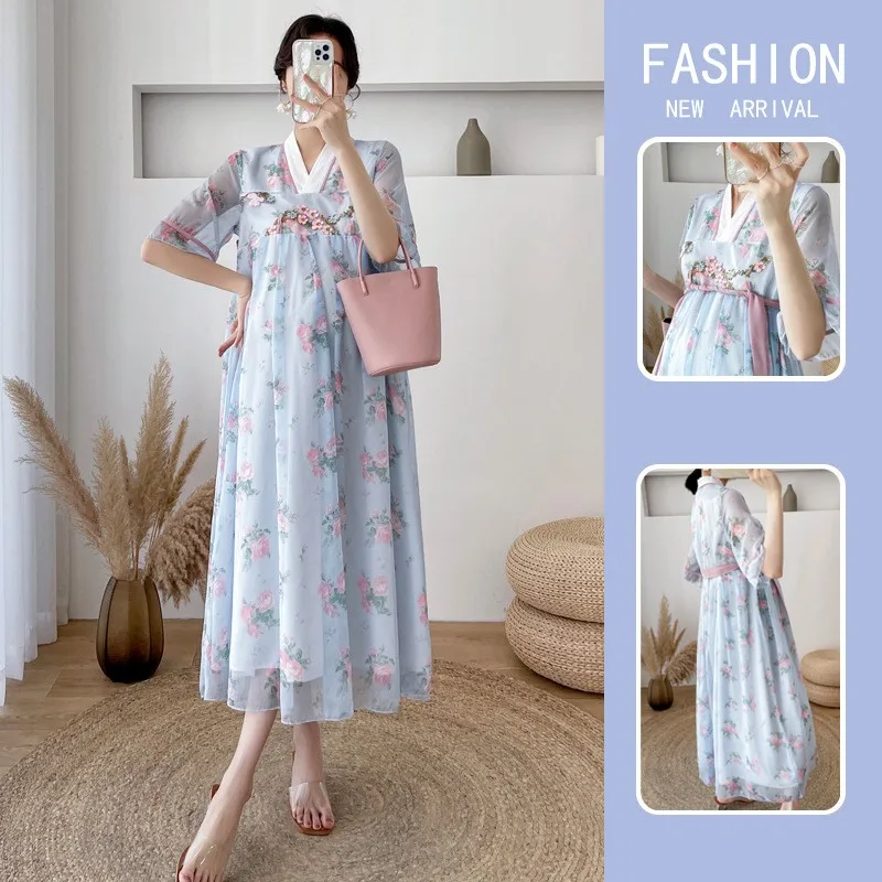 

Korean Style Fashion Floral Printed Maternity Long Dress Vintage A Line Slim Loose Clothes For Pregnant Women Pregnancy Clothing